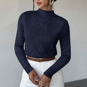 Elegant Navy Mock Neck Knit Sweater | Minimalist Chic | Size M